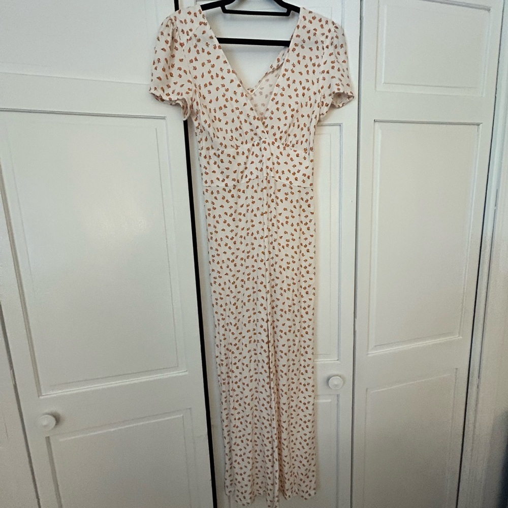 Free People Cream and Brown Puff Sleeve Jumpsuit